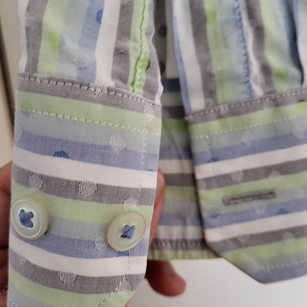 Green, Grey White and Blue Striped Button Down Shirt - M - Picture 8 of 9